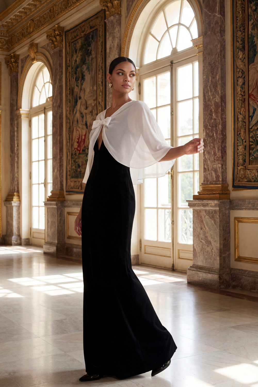 Black Formal Dress Sheath V-Neck Maxi Dress with Cape