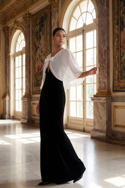 Black Formal Dress Sheath V-Neck Maxi Dress with Cape