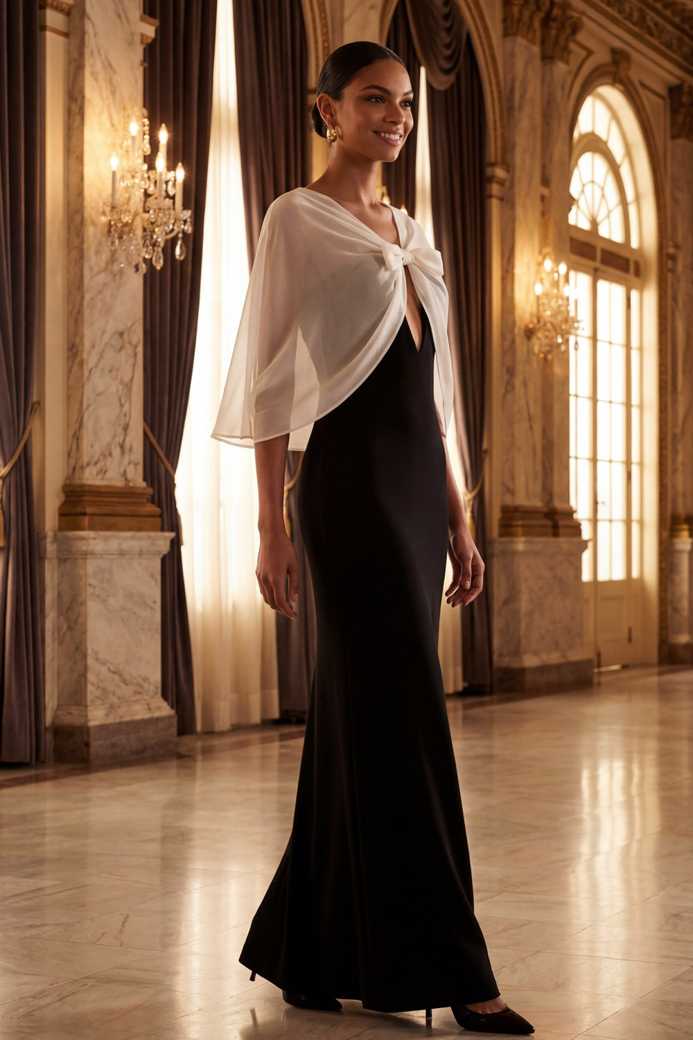 Black Formal Dress Sheath V-Neck Maxi Dress with Cape