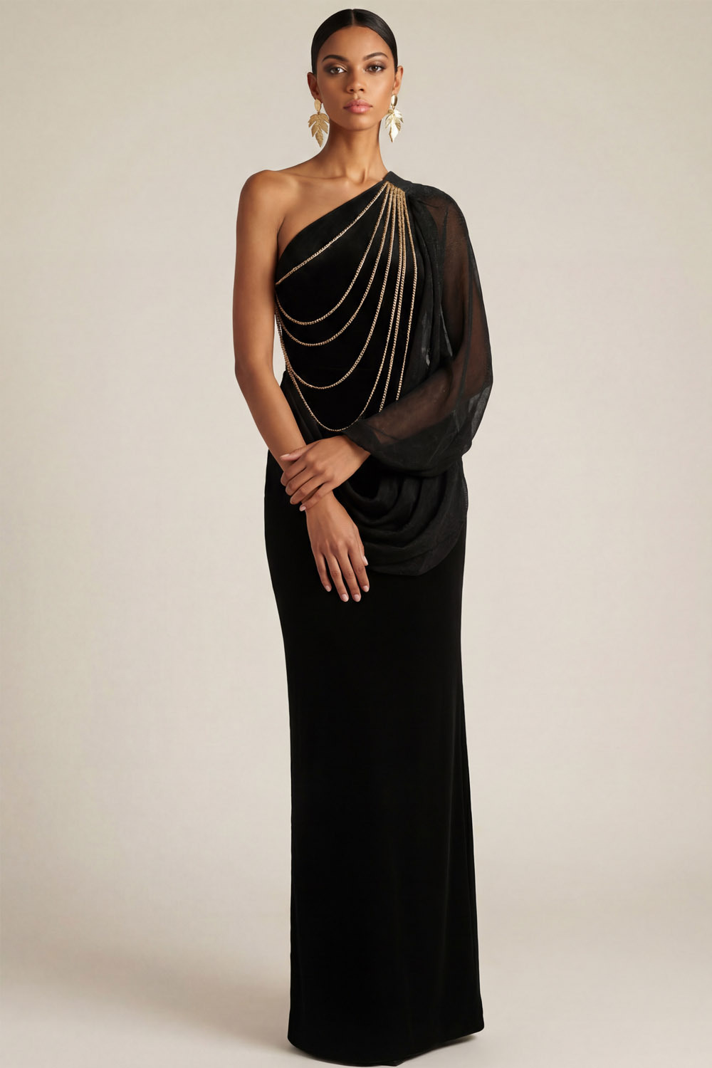 Black Formal Evening Dress Sheath One Shoulder Maxi Dress