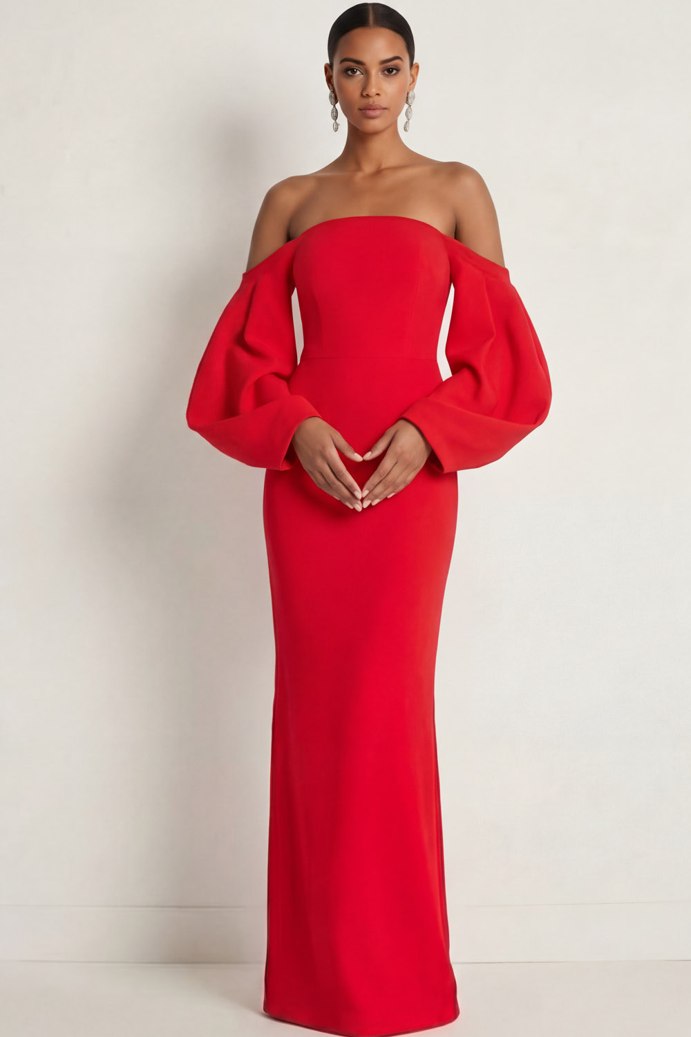 Red Formal Evening Dress Off the Shoulder Puff Sleeves Maxi Dress