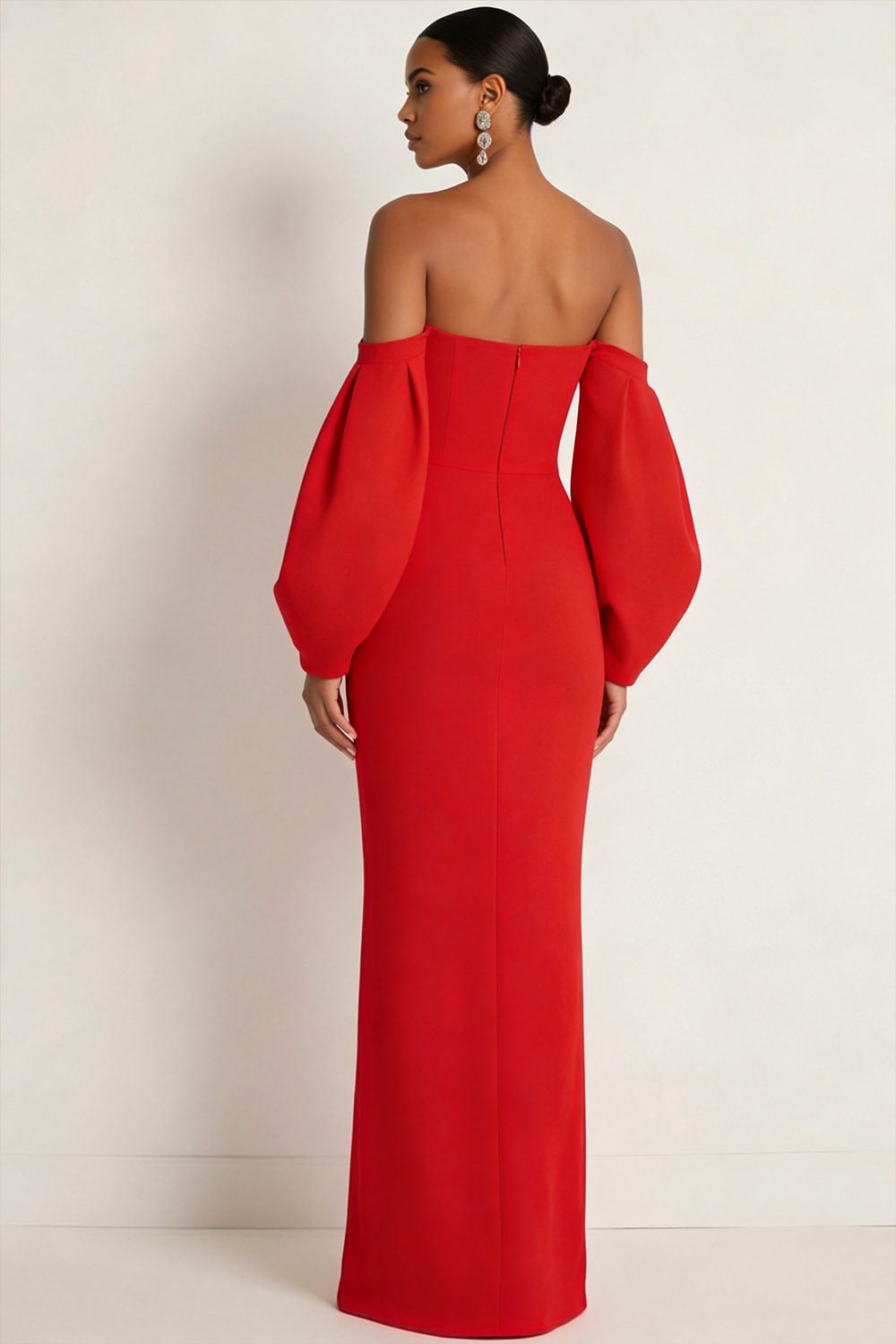 Red Formal Evening Dress Off the Shoulder Puff Sleeves Maxi Dress