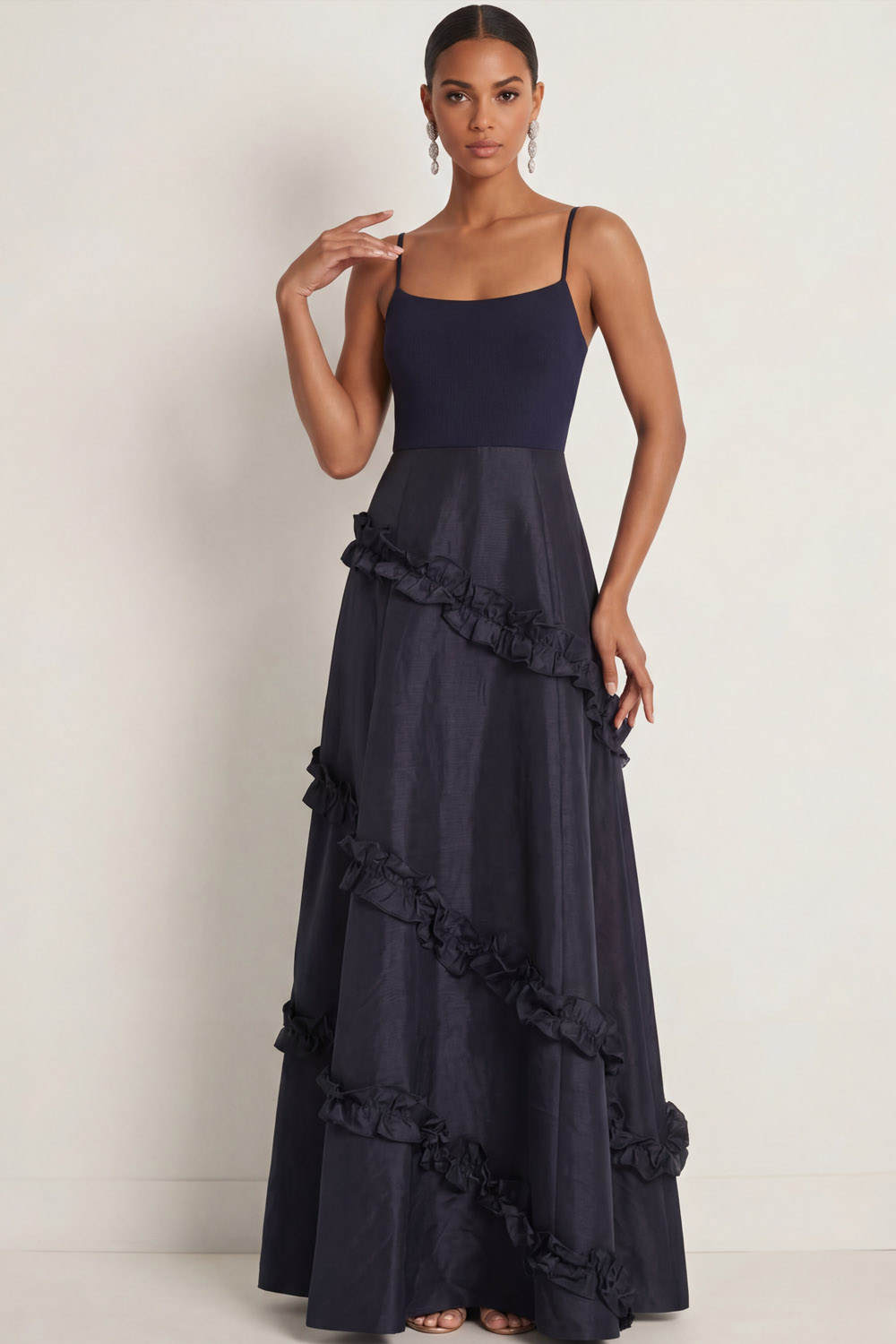 Navy Formal Evening Dress A-Line Spaghetti Straps Appliques Maxi Dress