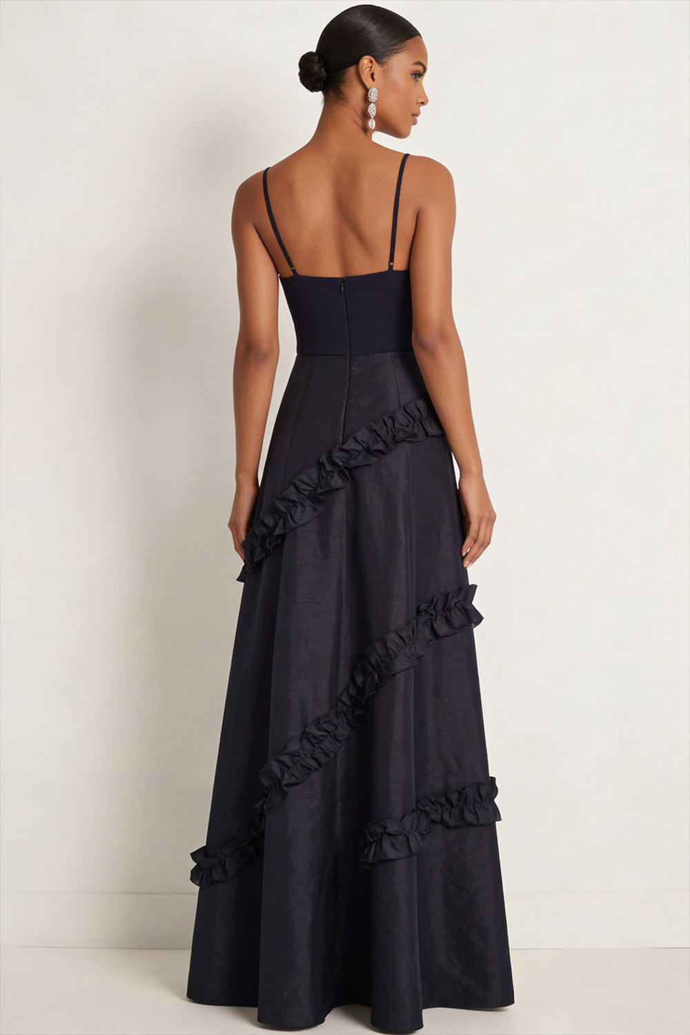 Navy Formal Evening Dress A-Line Spaghetti Straps Appliques Maxi Dress
