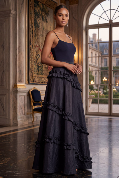 Navy Formal Evening Dress A-Line Spaghetti Straps Appliques Maxi Dress