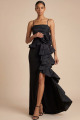 Black Formal Dress Spaghetti Straps 3D Flower Maxi Dress with Slit