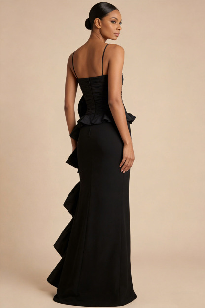 Black Formal Dress Spaghetti Straps 3D Flower Maxi Dress with Slit