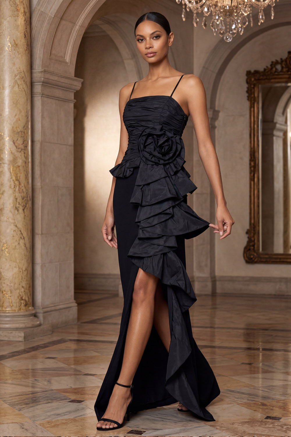 Black Formal Dress Spaghetti Straps 3D Flower Maxi Dress with Slit