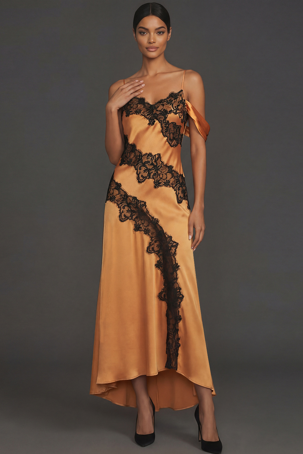 Bronze Formal Evening Dress Cold Shoulder Maxi Dress with Lace