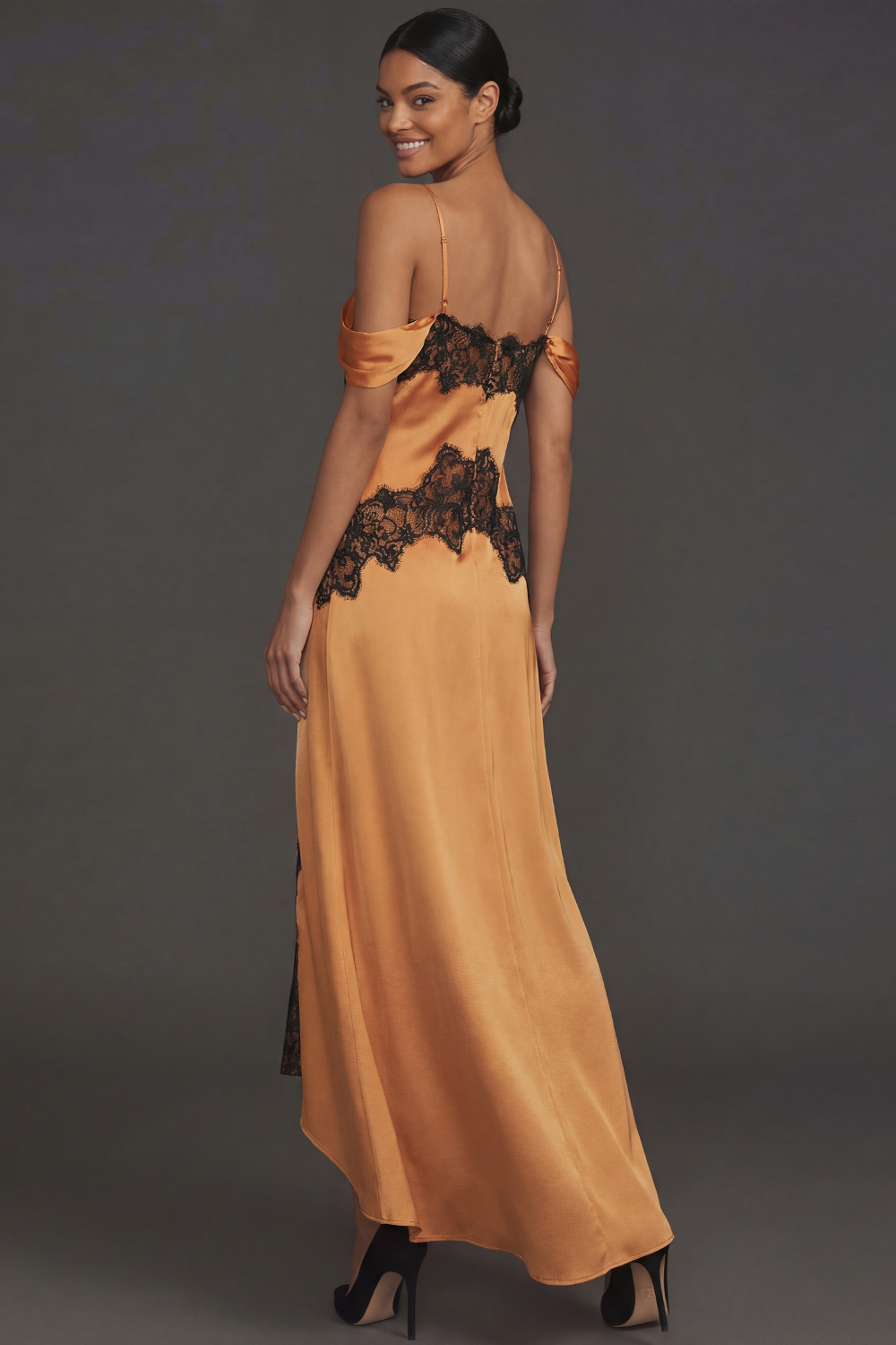 Bronze Formal Evening Dress Cold Shoulder Maxi Dress with Lace