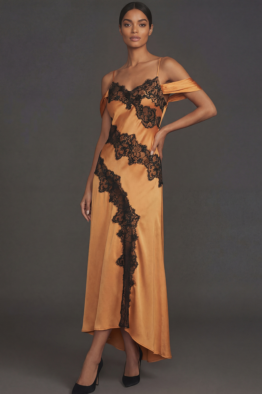 Bronze Formal Evening Dress Cold Shoulder Maxi Dress with Lace