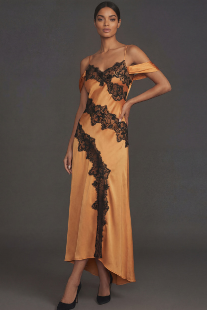 Bronze Formal Evening Dress Cold Shoulder Maxi Dress with Lace