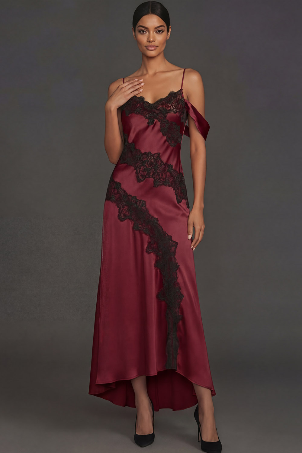 Bronze Formal Evening Dress Cold Shoulder Maxi Dress with Lace