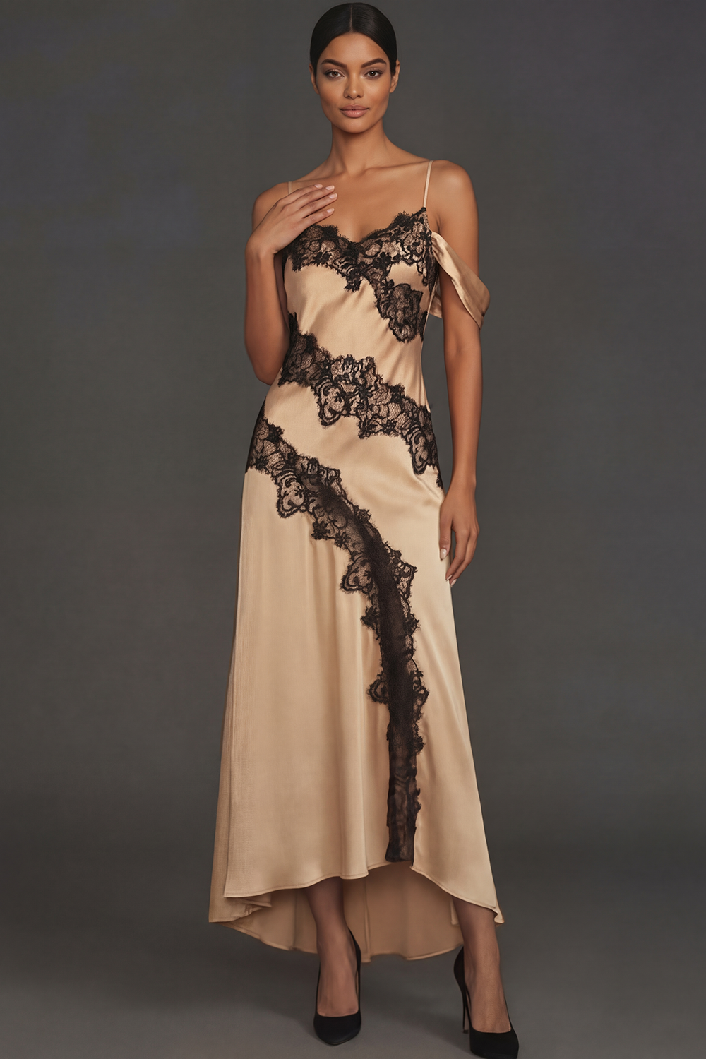 Bronze Formal Evening Dress Cold Shoulder Maxi Dress with Lace