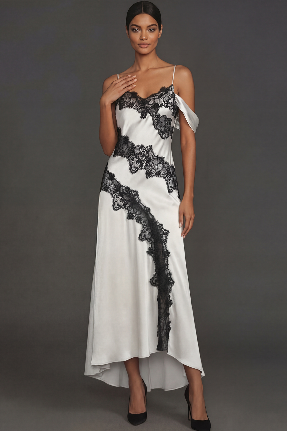 Bronze Formal Evening Dress Cold Shoulder Maxi Dress with Lace