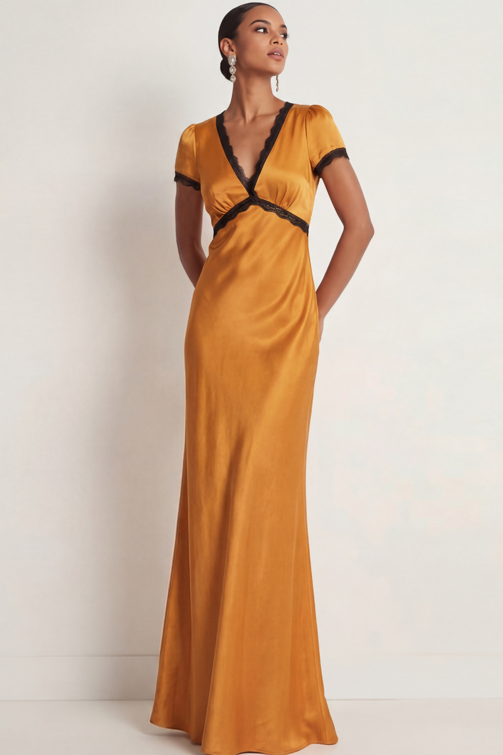 Bronze Formal Evening Dress V-Neck Short Sleeve Maxi Dress