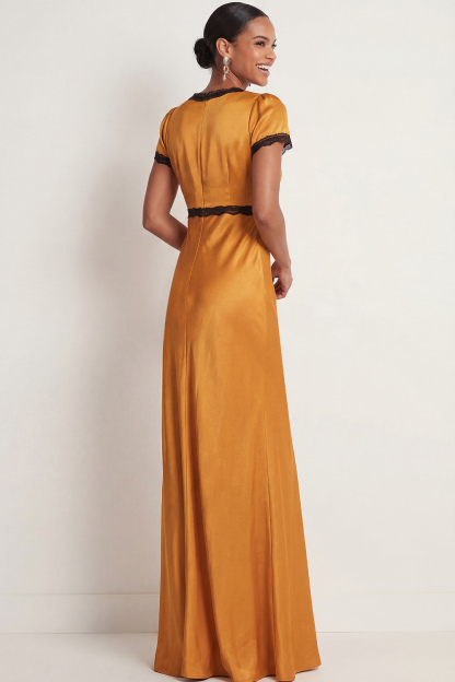Bronze Formal Evening Dress V-Neck Short Sleeve Maxi Dress 
