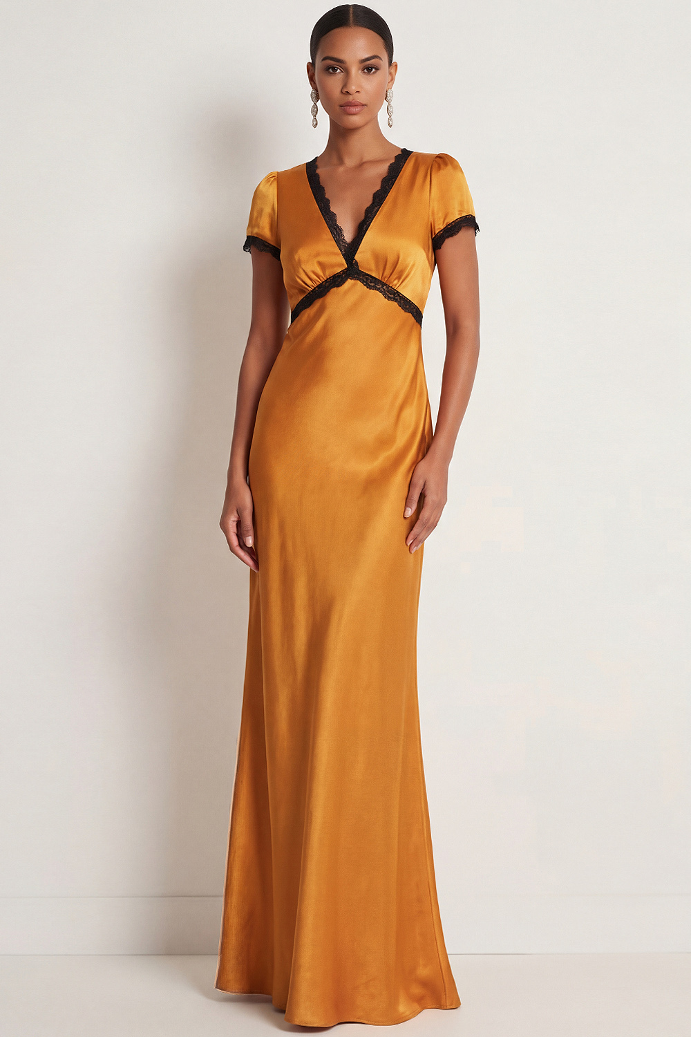 Bronze Formal Evening Dress V-Neck Short Sleeve Maxi Dress 