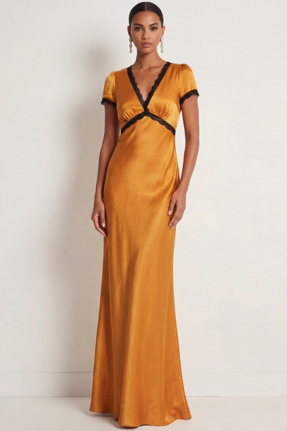 Bronze Formal Evening Dress V-Neck Short Sleeve Maxi Dress 