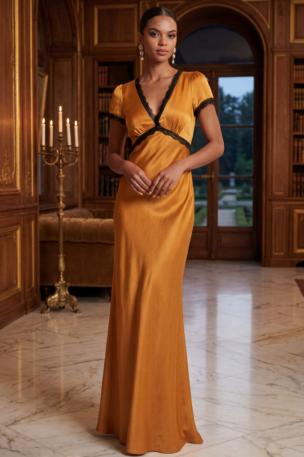 Bronze Formal Evening Dress V-Neck Short Sleeve Maxi Dress 