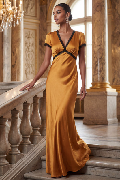 Bronze Formal Evening Dress V-Neck Short Sleeve Maxi Dress 