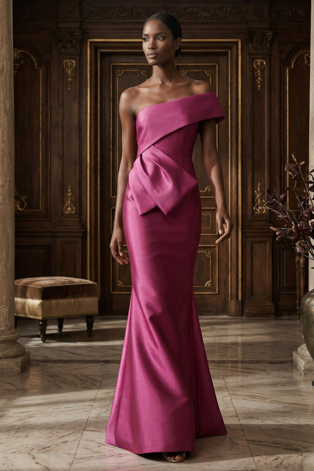 Raspberry Formal Evening Dress Mermaid Asymmetrical Neck Satin Maxi Dress 