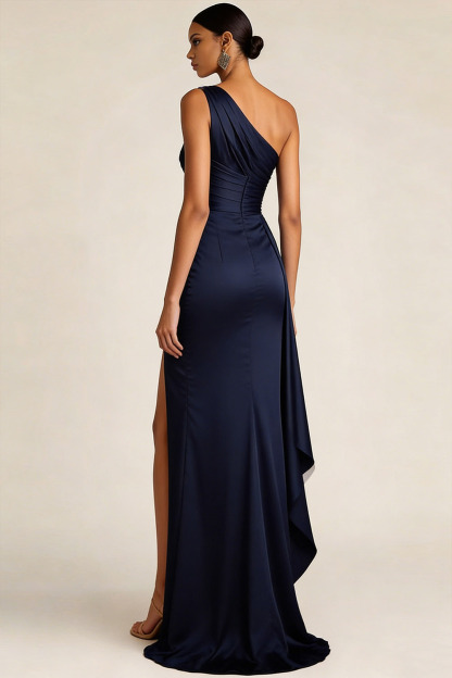 Navy Formal Evening Dress One Shoulder Satin Maxi Dress with Ruffle