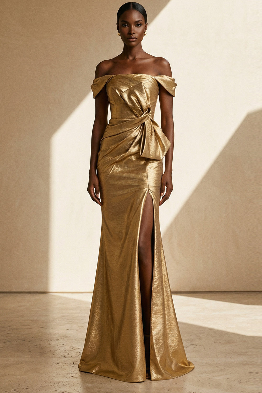Golden Formal Dress Off the Shoulder Metallic Satin Maxi Dress with Bow