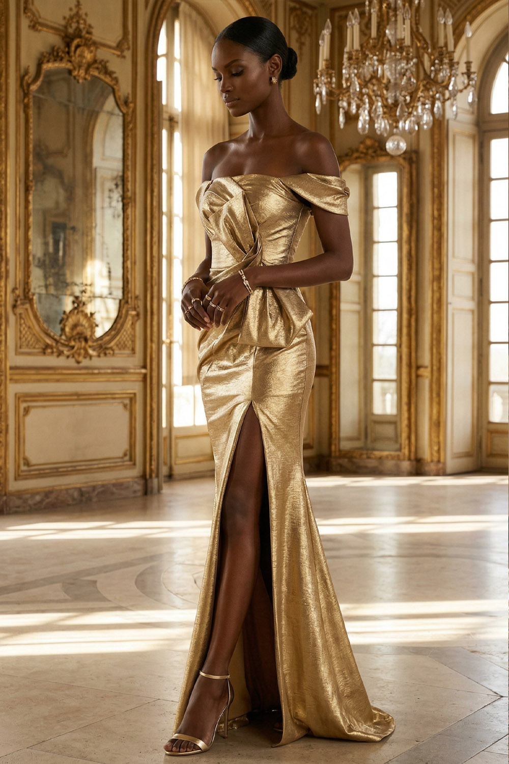 Golden Formal Dress Off the Shoulder Metallic Satin Maxi Dress with Bow