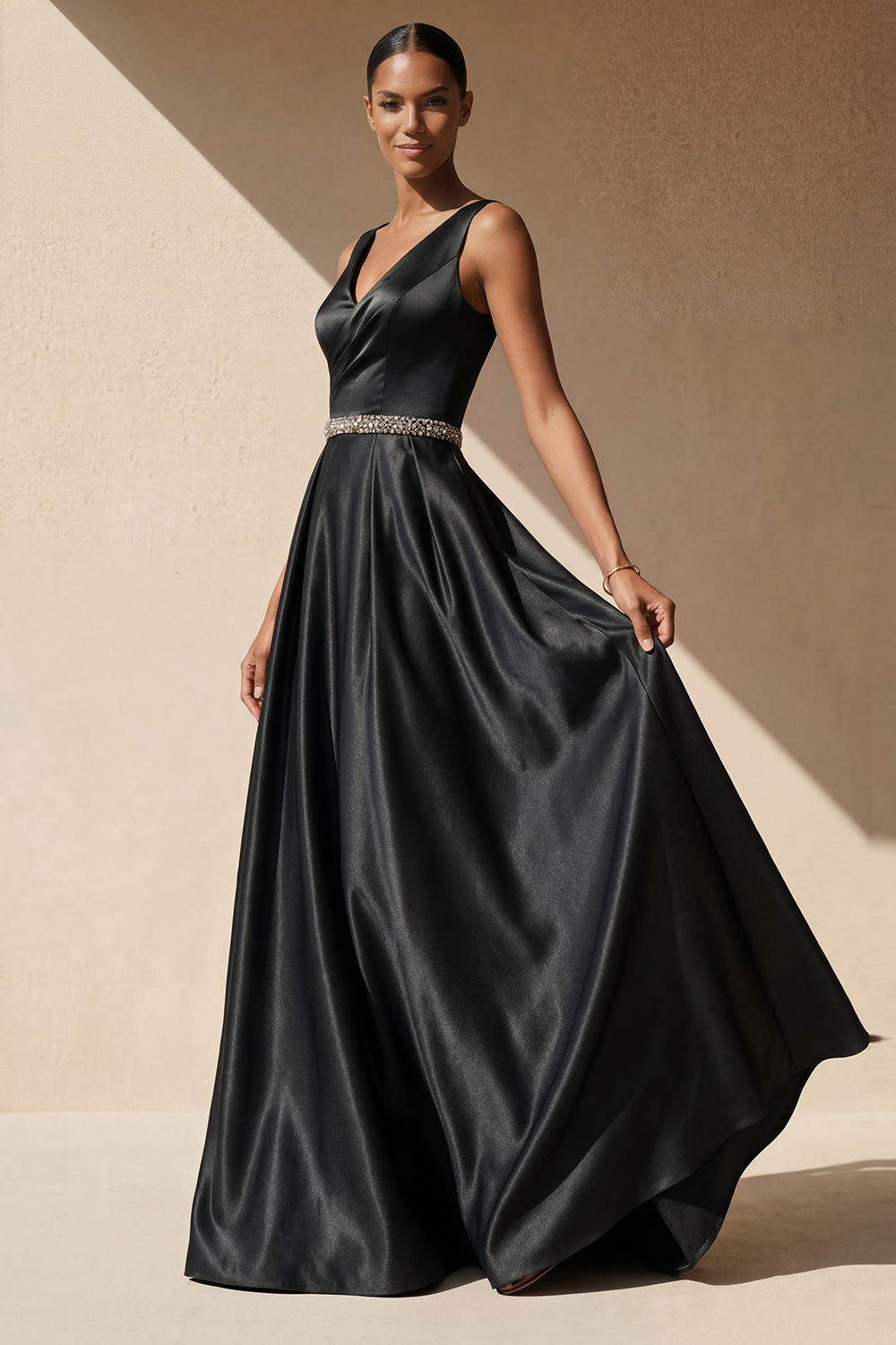 Purple Formal Evening Dress A-Line V-Neck Satin Maxi Dress