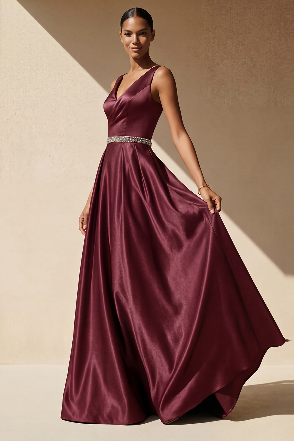 Purple Formal Evening Dress A-Line V-Neck Satin Maxi Dress