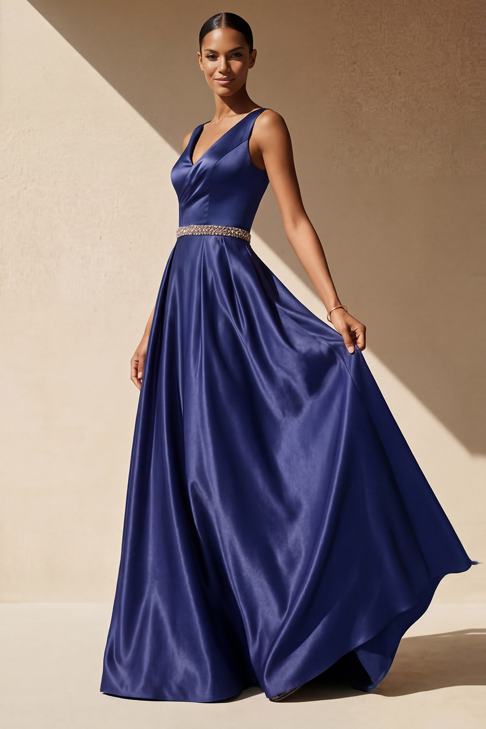 Purple Formal Evening Dress A-Line V-Neck Satin Maxi Dress 