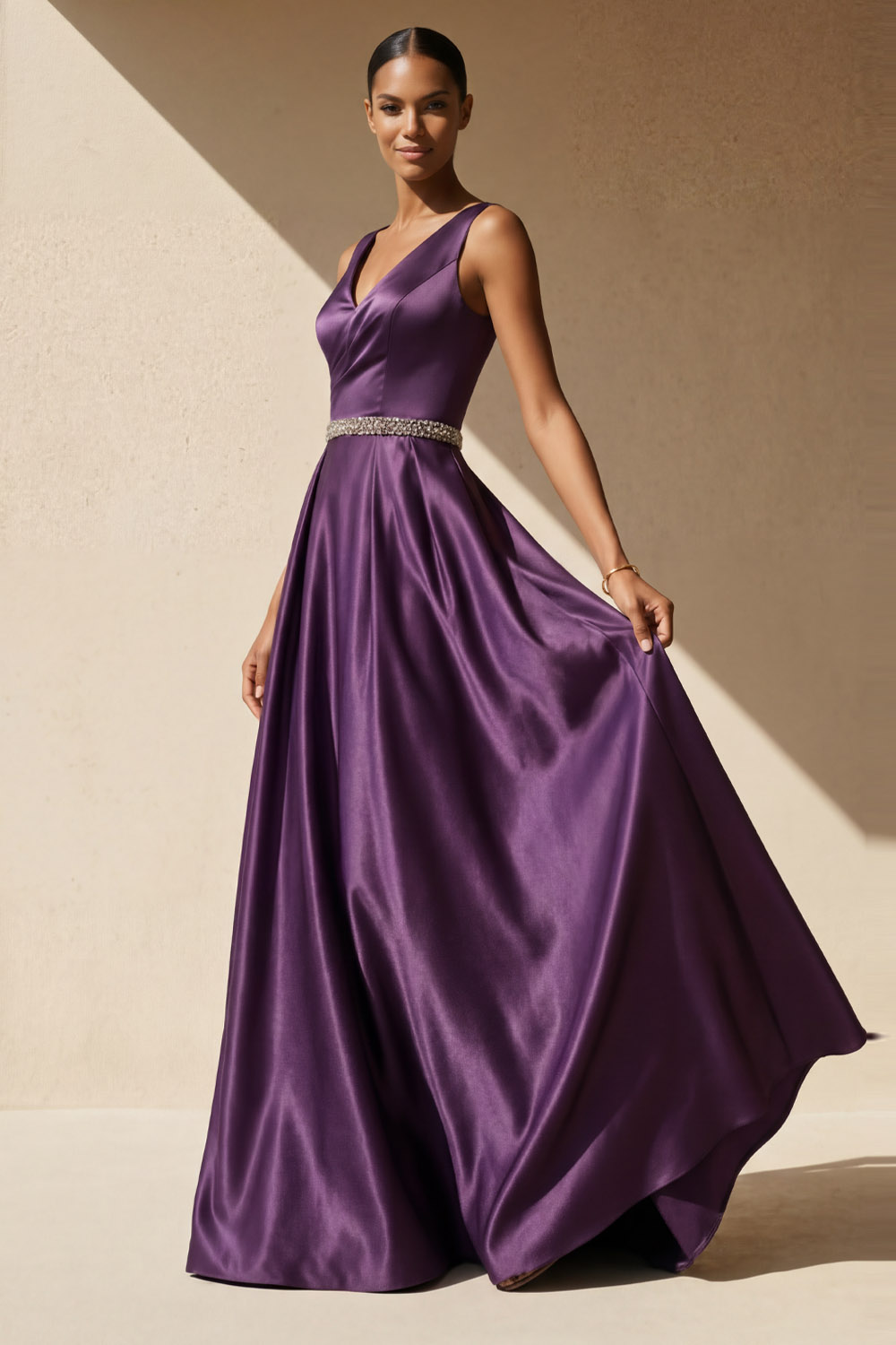 Purple Formal Evening Dress A-Line V-Neck Satin Maxi Dress 