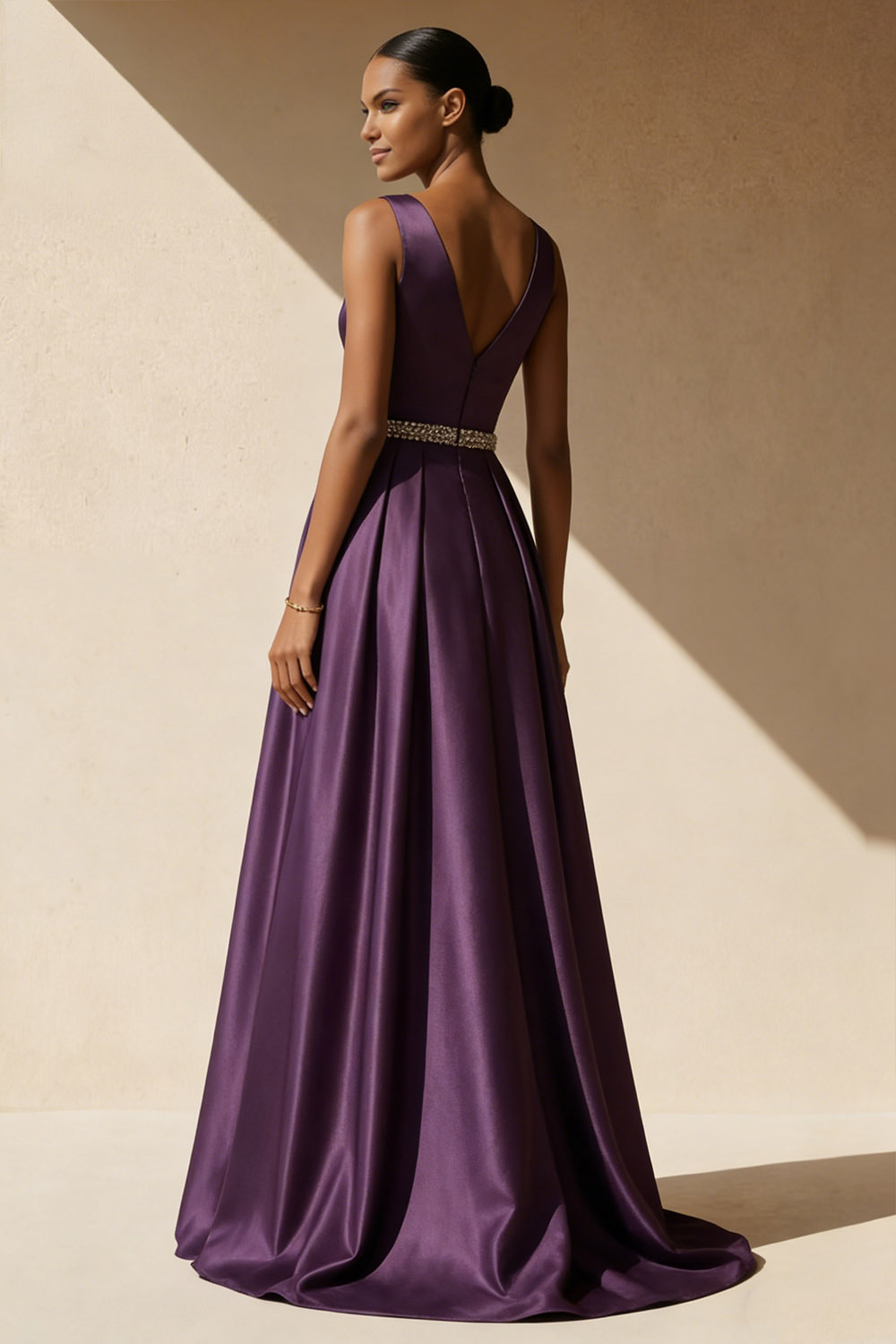 Purple Formal Evening Dress A-Line V-Neck Satin Maxi Dress 