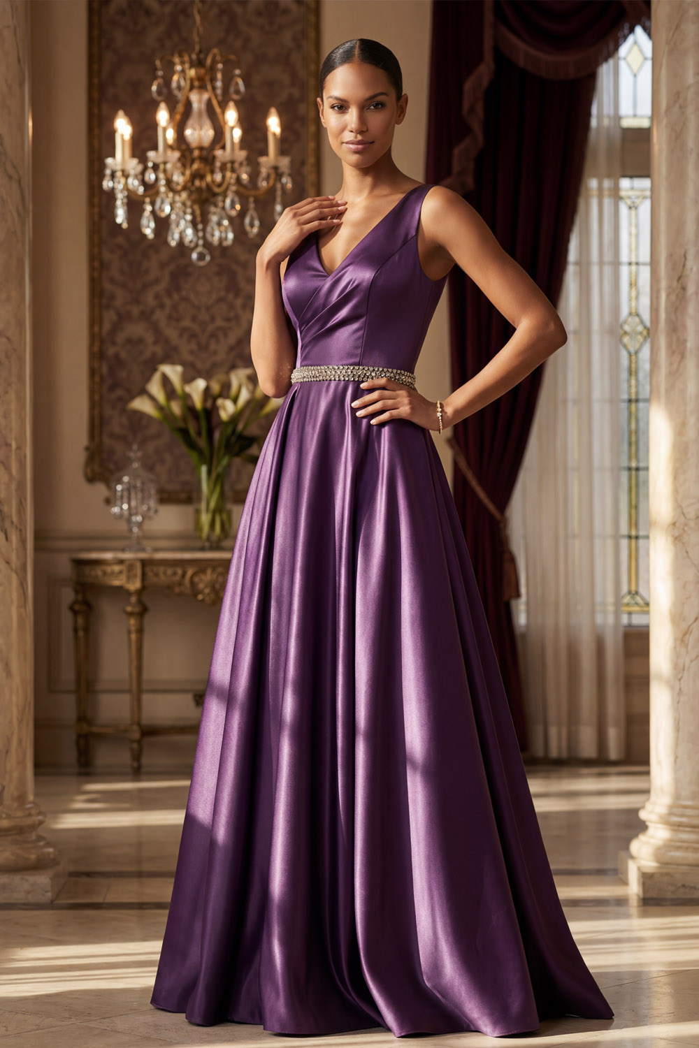 Purple Formal Evening Dress A-Line V-Neck Satin Maxi Dress 