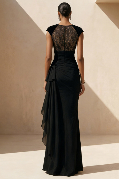 Black Formal Evening Dress Keyhole Lace Maxi Dress with Ruffle