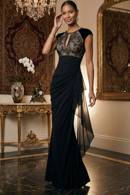Black Formal Evening Dress Keyhole Lace Maxi Dress with Ruffle