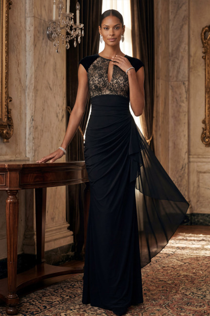 Black Formal Evening Dress Keyhole Lace Maxi Dress with Ruffle