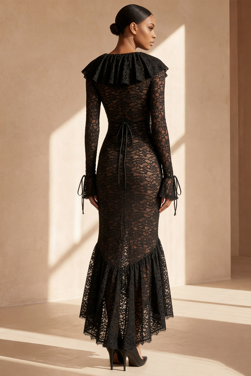 Black Formal Evening Dress Mermaid Lace High-Low Dress with Ruffle