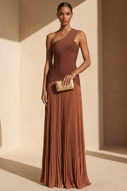 Bronze Formal Evening Dress A-Line One Shoulder Pleated Maxi Dress 