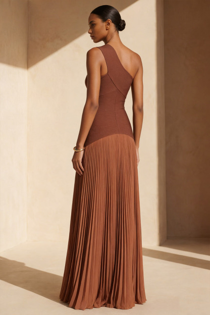 Bronze Formal Evening Dress A-Line One Shoulder Pleated Maxi Dress 