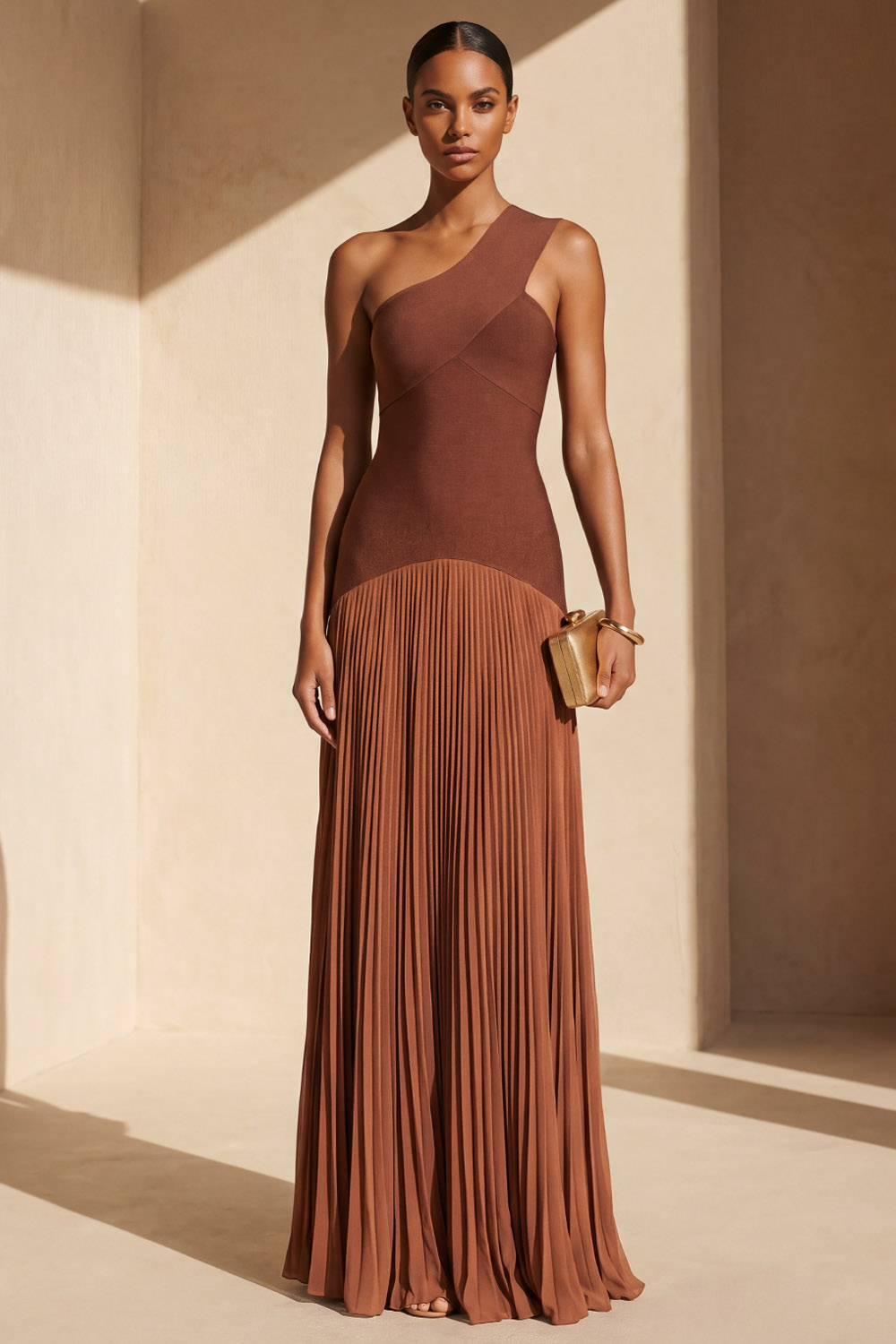 Bronze Formal Evening Dress A-Line One Shoulder Pleated Maxi Dress 