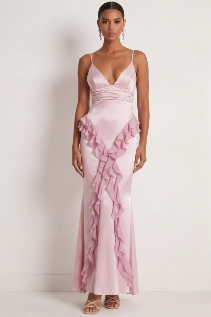 Pink Formal Evening Dress Spaghetti Straps Satin Maxi Dress with Ruffle