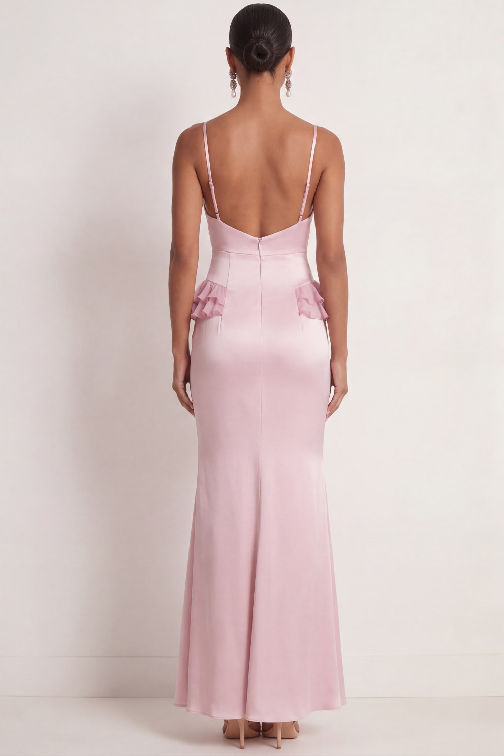 Pink Formal Evening Dress Spaghetti Straps Satin Maxi Dress with Ruffle