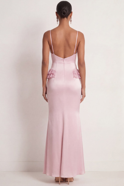 Pink Formal Evening Dress Spaghetti Straps Satin Maxi Dress with Ruffle