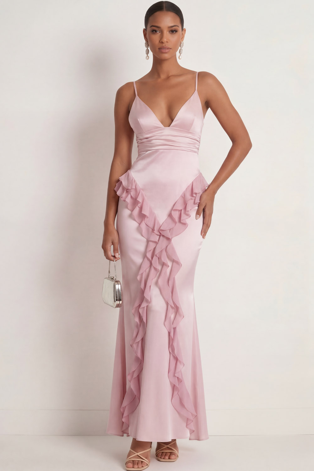 Pink Formal Evening Dress Spaghetti Straps Satin Maxi Dress with Ruffle