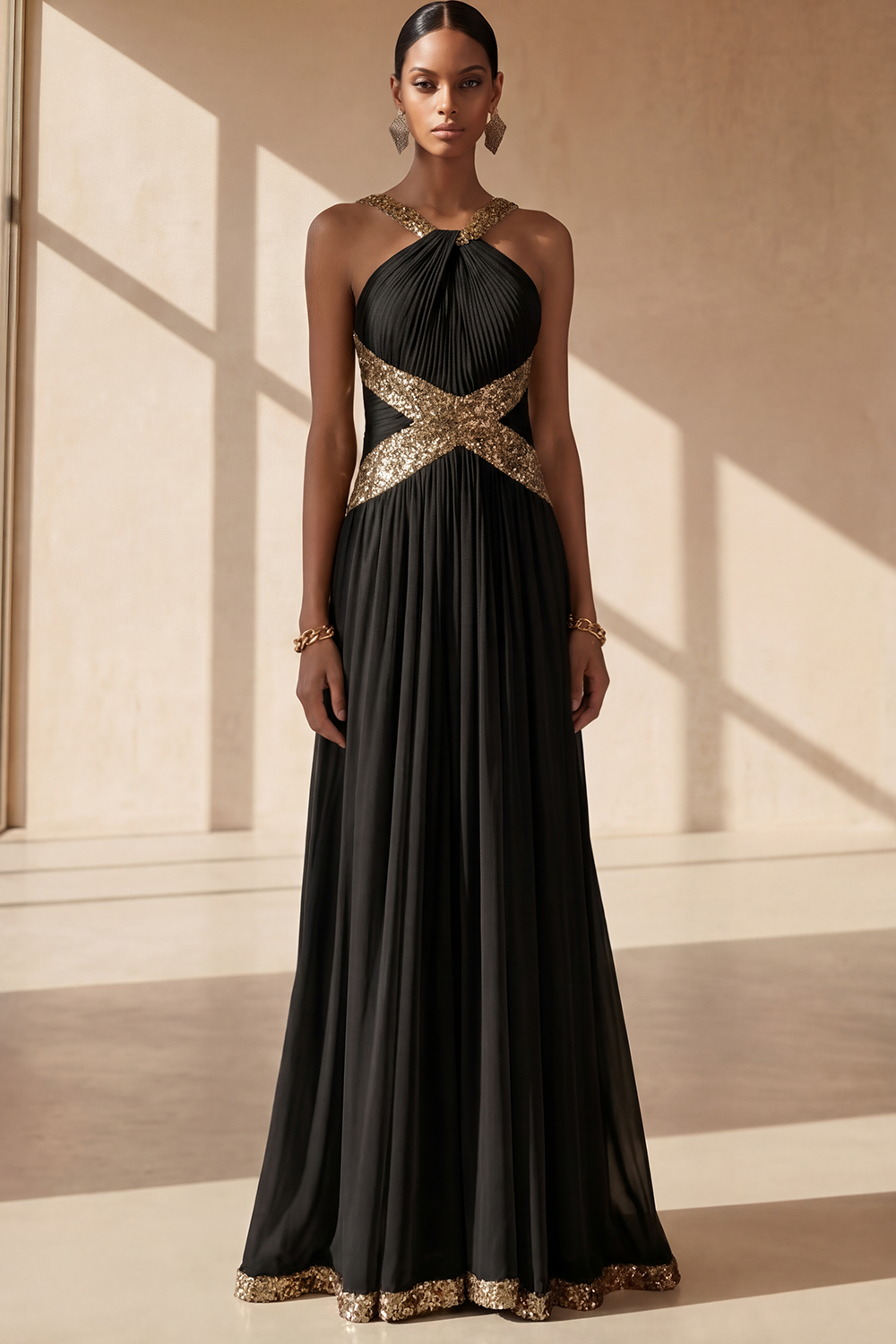 Mustard Green Formal Evening Dress Halter Pleated Chiffon Maxi Dress with Sequin