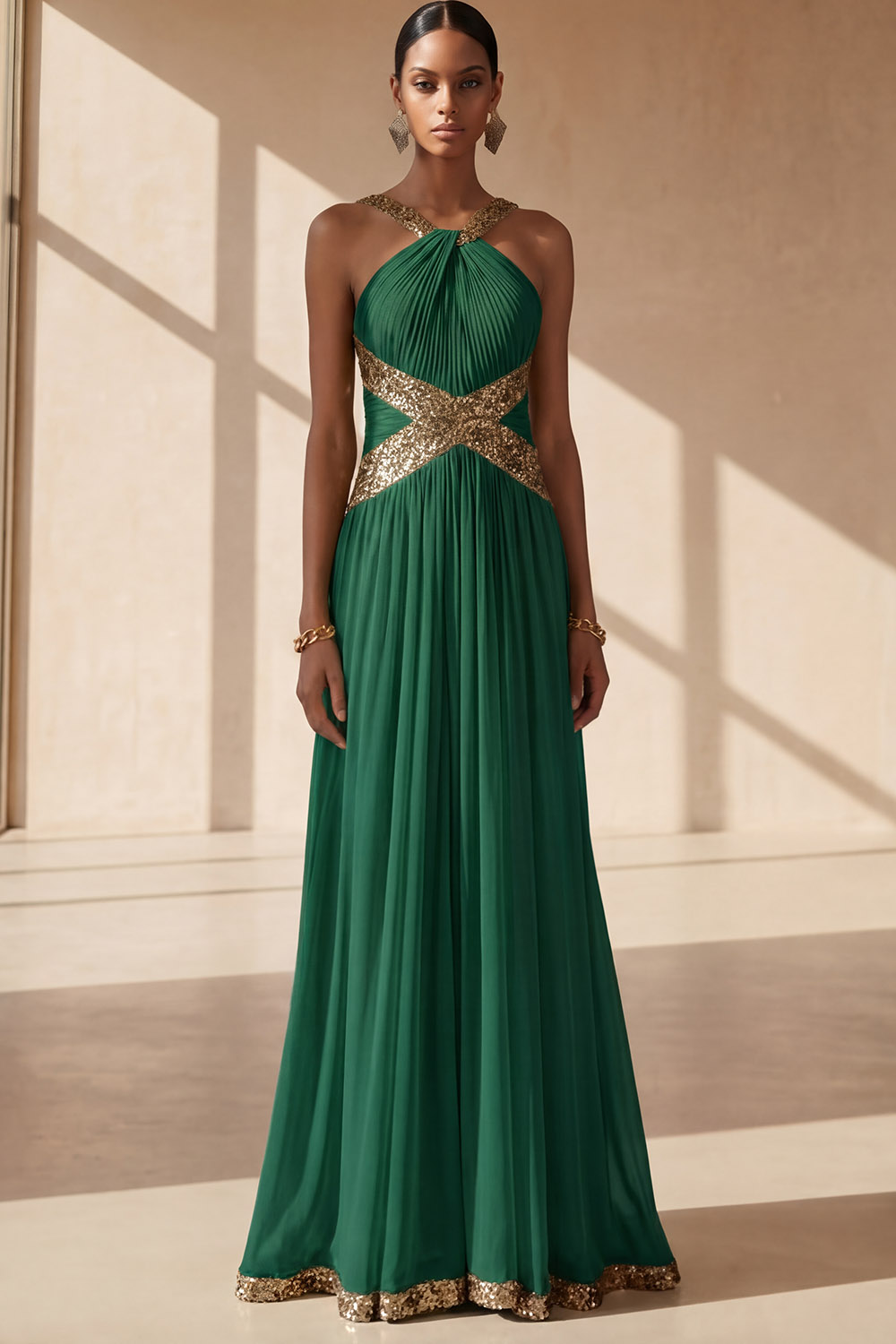 Mustard Green Formal Evening Dress Halter Pleated Chiffon Maxi Dress with Sequin