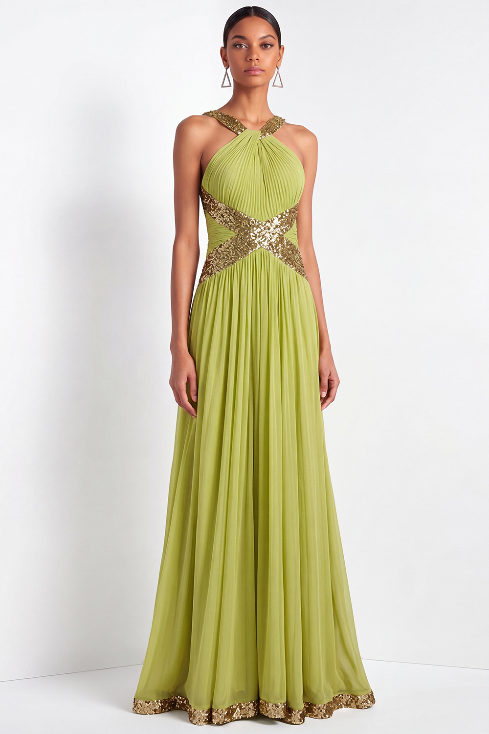 Mustard Green Formal Evening Dress Halter Pleated Chiffon Maxi Dress with Sequin