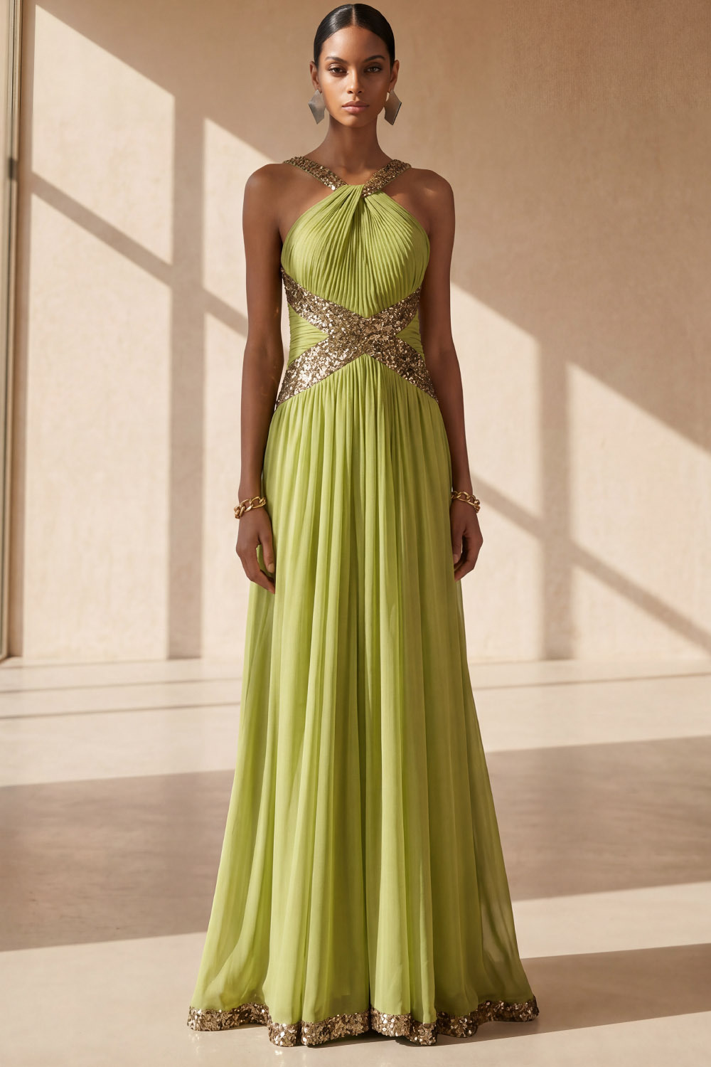 Mustard Green Formal Evening Dress Halter Pleated Chiffon Maxi Dress with Sequin